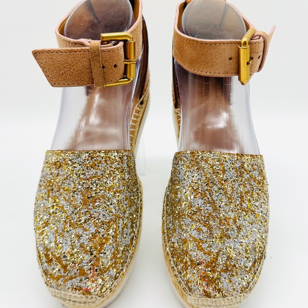 See by Chloe Glyn Gold Glitter Espadrille Wedge Sandal Size EU 37 - Picture 2 of 16